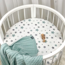 Husă pentru saltea rotundă pătuț bebeluși / copii cu elastic, model Steluțe mentă